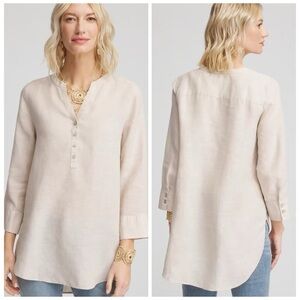 CHICO’S NWT 2 / Women’s L No Iron Linen Tunic in Oatmeal • Cream Beige Blouse